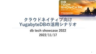 クラウドネイティブ向け
YugabyteDBの活用シナリオ
db tech showcase 2022
2022/11/17
0
 