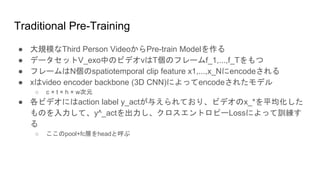 Traditional Pre-Training
● 大規模なThird Person VideoからPre-train Modelを作る
● データセットV_exo中のビデオvはT個のフレームf_1,...,f_Tをもつ
● フレームはN個の...