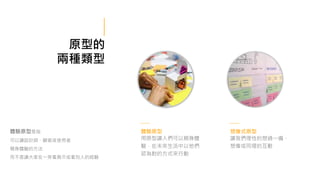 原型的
兩種類型
體驗原型是指
可以讓設計師、顧客或使用者
親身體驗的方法
而不是讓大家在一旁看展示或看別人的經驗
體驗原型
用原型讓人們可以親身體
驗，在未來生活中以他們
認為對的方式來行動
想像式原型
讓我們理性的想過一遍、
想像或同理的互動
 