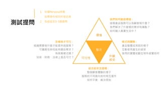 測試提問
1. 依據Persona特質
找尋條件相符的受訪者
2. 各組設定3-5個提問
價值
可行性
外觀
感受
整合
我們如何創造價值：
這個產品服務可以為顧客做什麼？
我們解決了什麼樣的需求和痛點？
如何融入真實生活中？
樣式與體驗：
產品整體或局部的樣子
互動使用產生的感受
使用的實體或數位物件感覺如何
怎樣做才可行：
組織需要做什麼才能提供這服務？
可擴展性與性能有哪些需求？
有商業模式嗎？
技術、財務、法律上是否可行？
結合起來怎麼樣：
整個顧客體驗的樣子
服務的不同面向如何相互運作
如何平衡、解決限制
 