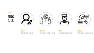 測試
分工
主持人
測試流程的引導者
製作者
打造模型、道具、佈景
演員
扮演服務模擬的員工
研究員
研究觀察、紀錄與提問
 