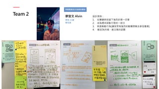 Team 2
用展覽增加文青感的網帥
廖宜文 Alvin
男性 21歲
學生族
設計原則：
1. 在關鍵時刻留下強烈的第一印象
2. 成為週末踩點行程的一部分
3. 刺激衝動行為(讓受眾有強烈的動機想衝去參加看展)
4. 增加TA共鳴、被注意的話題
 