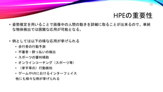 10
• 姿勢推定を用いることで画像中の人間の動きを詳細に取ることが出来るので、単純
な物体検出では困難な応用が可能となる。
• 例としては以下の様な応用が挙げられる
• 歩行者の行動予測
• 不審者・酔っ払いの検出
• スポーツの審判補助
• オンラインコーチング（スポーツ等）
• （挙手等の）行動検知
• ゲームやVRにおけるインターフェイス
他にも様々な例が挙げられる
HPEの重要性
 