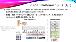 19
• Vision Transformer [2]は、（画像認識において畳み込みを全く用いずに）Attention を用いて
最高精度を達成した最初の研究 (Google Brain の研究)。
• 画像を一定サイズのパッチに分割してトークンとみなすことで、自然言語処理の
Transformerをほぼそのまま用いている。
Vision Transformer (ViT) (1/2)
[2] Dosovitskiy, Alexey, et al. "An image is
worth 16x16 words: Transformers for
image recognition at scale." arXiv preprint
arXiv:2010.11929 (2020).
より図を引用
 