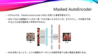 Masked AutoEncoder
• ViTPoseでは、Masked-AutoEncoder (MAE) を用いた事前学習を行う。
• MAE では入力画像のパッチの一部（75%が良いとされている）をマスクし、その値を予測
するような自己教師あり学習が行われる。
28
• MAEを用いることで、より小規模なデータによる事前学習でも高い精度を実現できる。
 