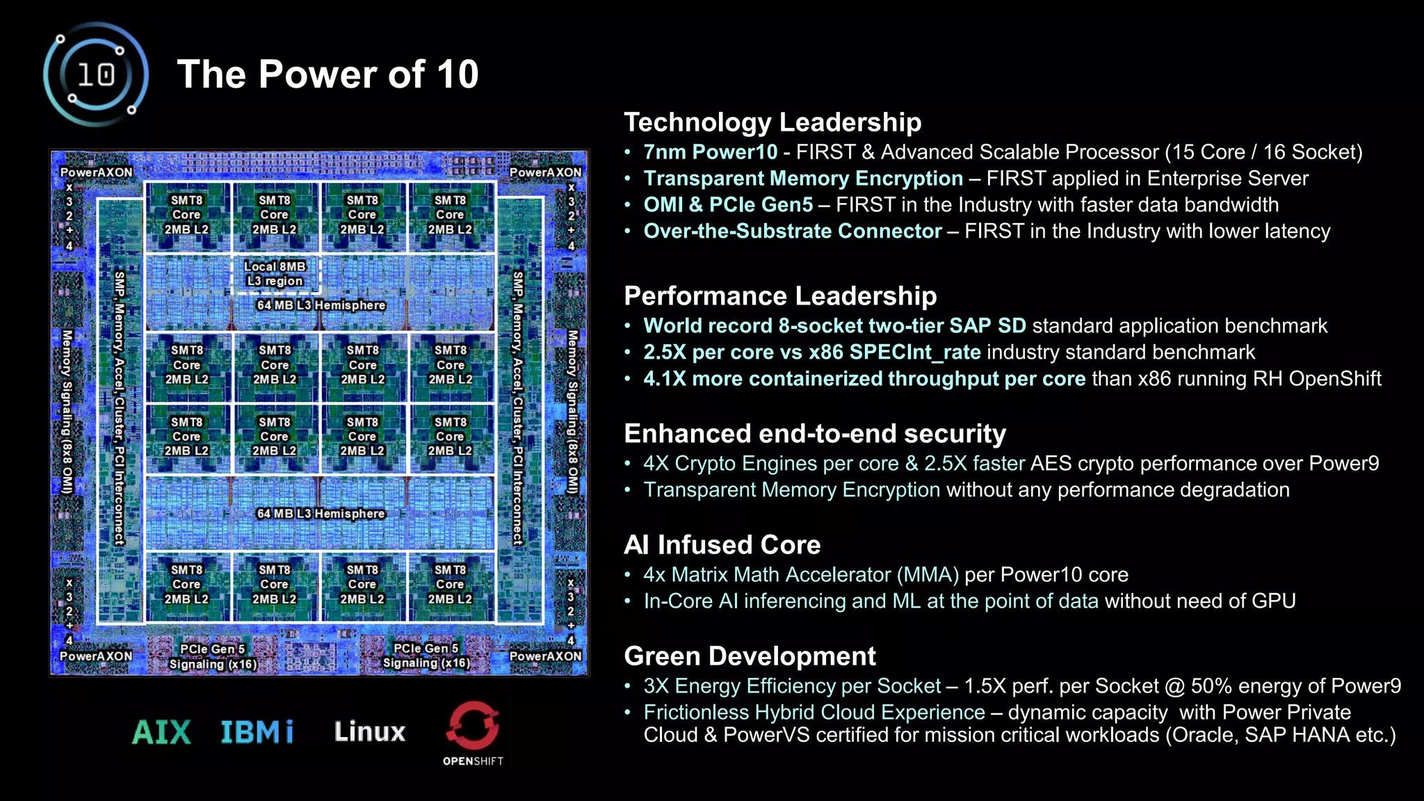 The Power of 10
Technology Leadership
• 7nm Power10 - FIRST & Advanced Scalable Processor (15 Core / 16 Socket)
• Transparent Memory Encryption – FIRST applied in Enterprise Server
• OMI & PCIe Gen5 – FIRST in the Industry with faster data bandwidth
• Over-the-Substrate Connector – FIRST in the Industry with lower latency
Performance Leadership
• World record 8-socket two-tier SAP SD standard application benchmark
• 2.5X per core vs x86 SPECInt_rate industry standard benchmark
• 4.1X more containerized throughput per core than x86 running RH OpenShift
Enhanced end-to-end security
• 4X Crypto Engines per core & 2.5X faster AES crypto performance over Power9
• Transparent Memory Encryption without any performance degradation
AI Infused Core
• 4x Matrix Math Accelerator (MMA) per Power10 core
• In-Core AI inferencing and ML at the point of data without need of GPU
Green Development
• 3X Energy Efficiency per Socket – 1.5X perf. per Socket @ 50% energy of Power9
• Frictionless Hybrid Cloud Experience – dynamic capacity with Power Private
Cloud & PowerVS certified for mission critical workloads (Oracle, SAP HANA etc.)
 