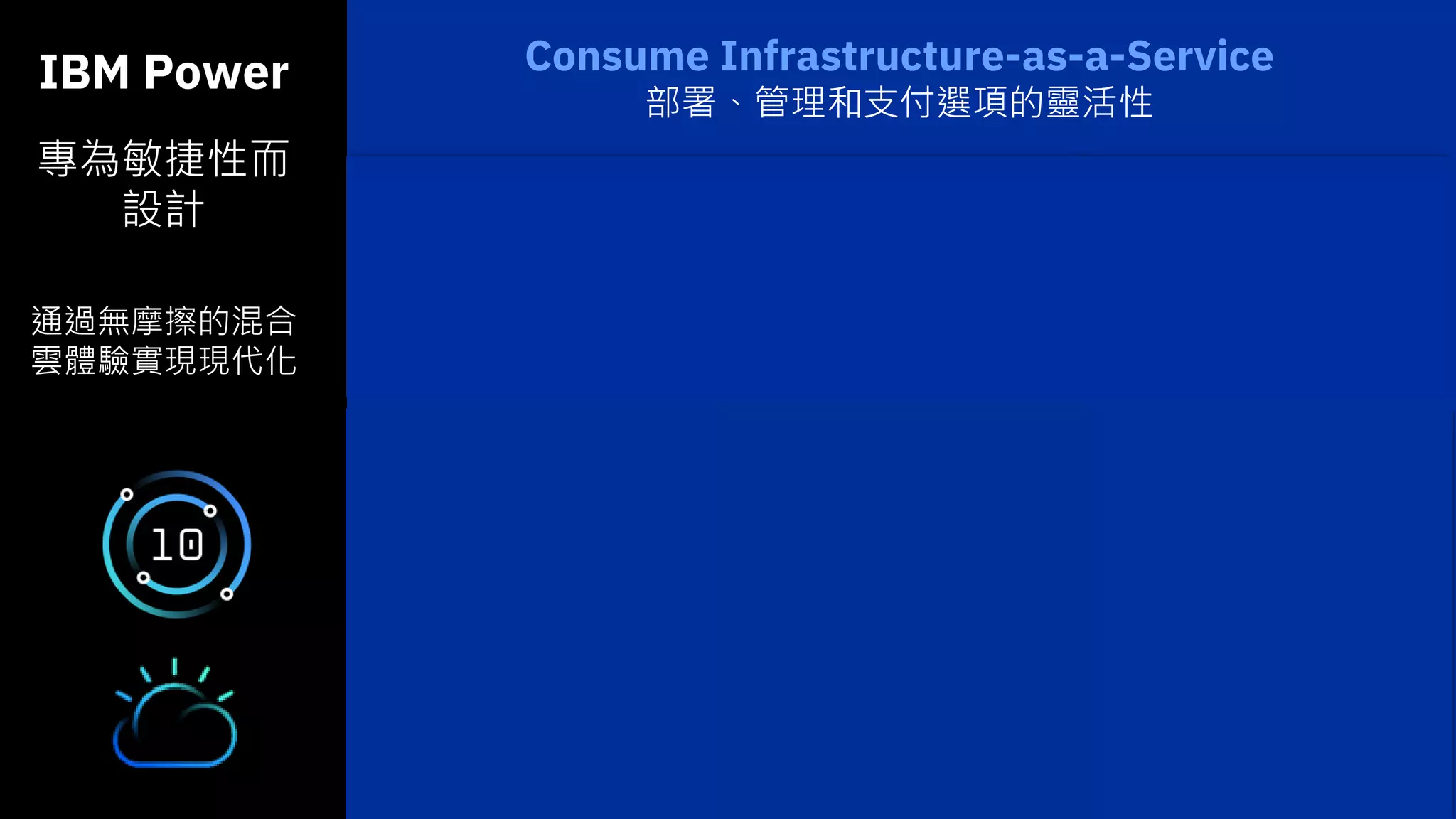 IBM Power
專為敏捷性而
設計
通過無摩擦的混合
雲體驗實現現代化
14
Consume Infrastructure-as-a-Service
部署、管理和支付選項的靈活性
 Flexible consumption
options with built-in cost
optimization
 20-30% lower
TCO
 ~ 50% lower TCA
 Simple agility to respond
to business demands
 Cloud-based monitoring,
metering by the minute &
Real Time
 Leadership Performance
and Scale
 Industry-leading
Availability
 Flexibility & Agility
 End to end Security
from the processor to
virtualization and OS
 VM-as-a-Service
 Consistent architecture to
on-prem infrastructure
 AIX, IBM i and Linux
 Access to other cloud
services
 Expanding locations and
capability
Power Private Cloud
with Dynamic Capacity
Pay only for what you use
Cloud Capabilities On-Prem. with
Advanced Monitoring
Power Virtual Server
with IBM Cloud
Extend to Cloud
Same mission Critical Infrastructure as on-prem,
for Dev/Test, HA/DR, Modernization
IBM Power
Business Continuity and Agility
Designed for the most challenging
business requirements
 