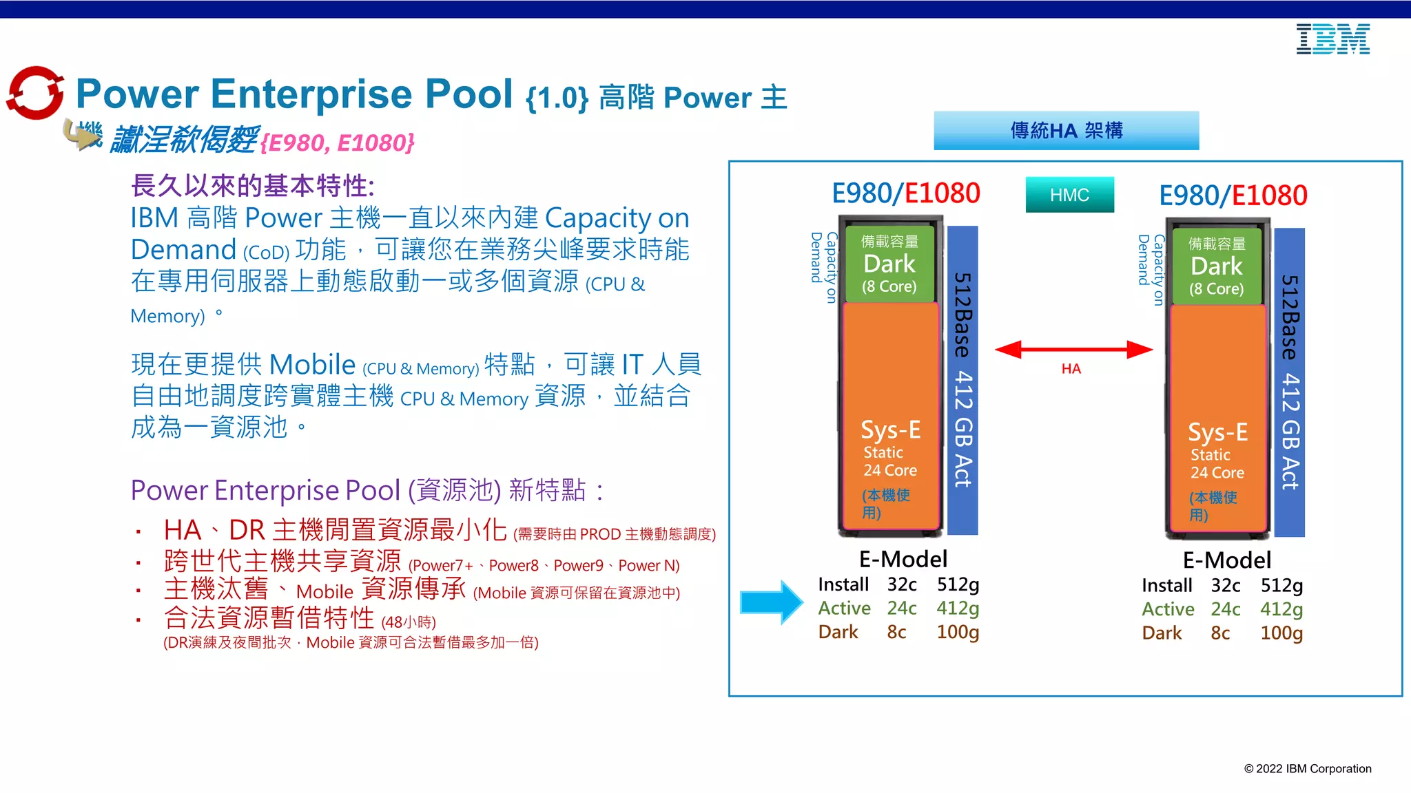 © 2022 IBM Corporation
Power Enterprise Pool {1.0} 高階 Power 主
機讞浧欷偈䴸{E980, E1080}
長久以來的基本特性:
IBM 高階 Power 主機一直以來內建 Capacity on
Demand (CoD) 功能，可讓您在業務尖峰要求時能
在專用伺服器上動態啟動一或多個資源 (CPU &
Memory)。
現在更提供 Mobile (CPU & Memory) 特點，可讓 IT 人員
自由地調度跨實體主機 CPU & Memory 資源，並結合
成為一資源池。
Power Enterprise Pool (資源池) 新特點：
· HA、DR 主機閒置資源最小化 (需要時由 PROD 主機動態調度)
· 跨世代主機共享資源 (Power7+、Power8、Power9、Power N)
· 主機汰舊、Mobile 資源傳承 (Mobile 資源可保留在資源池中)
· 合法資源暫借特性 (48小時)
(DR演練及夜間批次，Mobile 資源可合法暫借最多加一倍)
E980/E1080
512
Base
412
GB
Act
Sys-E
Static
24 Core
備載容量
Dark
(8 Core)
Capacity
on
Demand
(本機使
用)
E980/E1080
512
Base
412
GB
Act
Sys-E
Static
24 Core
備載容量
Dark
(8 Core)
Capacity
on
Demand
(本機使
用)
HA
E-Model
Install 32c 512g
Active 24c 412g
Dark 8c 100g
E-Model
Install 32c 512g
Active 24c 412g
Dark 8c 100g
傳統HA 架構
HMC
 