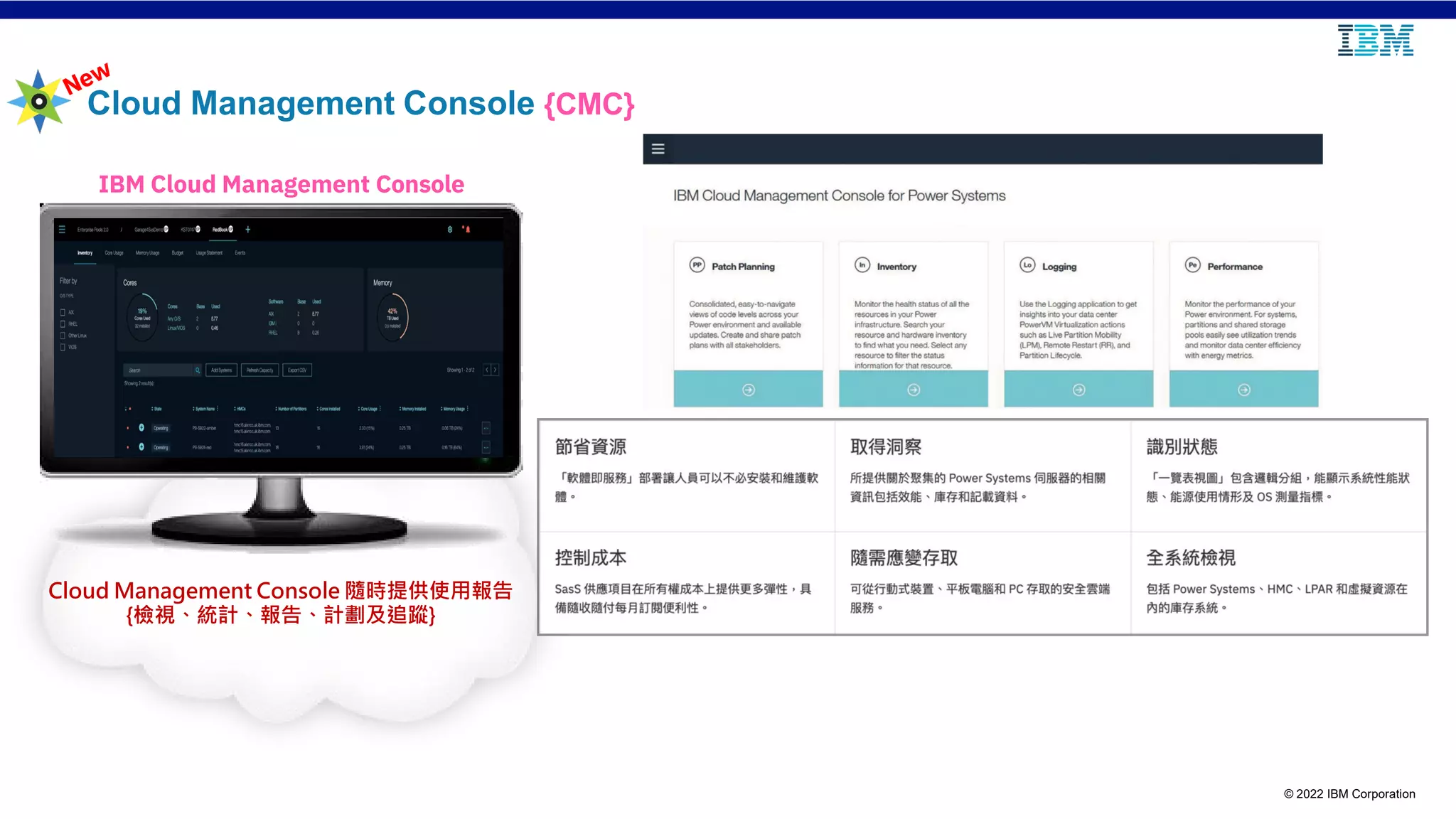 © 2022 IBM Corporation
Cloud Management Console {CMC}
Cloud Management Console 隨時提供使用報告
{檢視、統計、報告、計劃及追蹤}
IBM Cloud Management Console
 