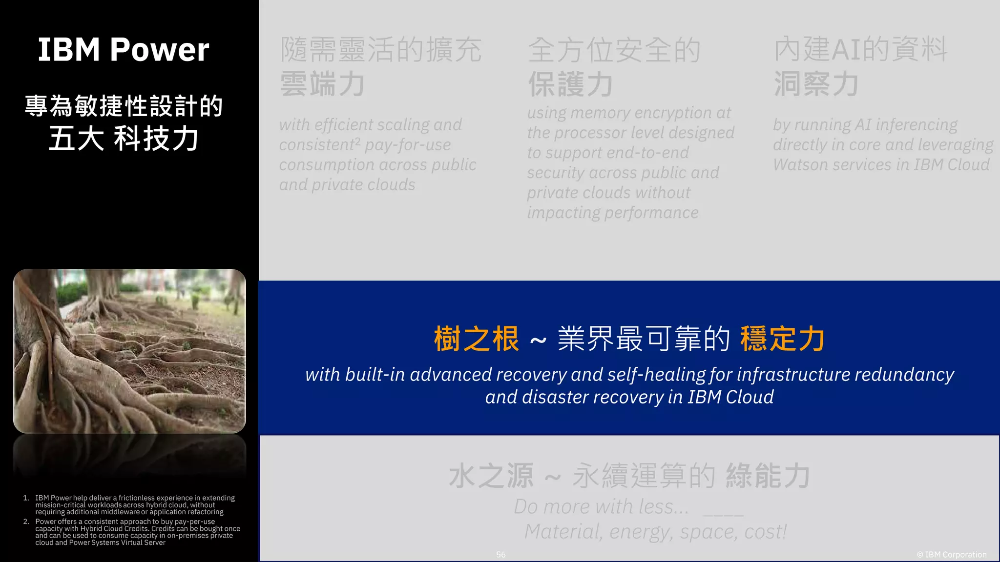 IBM Power
專為敏捷性設計的
五大 科技力
1. IBM Power help deliver a frictionless experience in extending
mission-critical workloadsacross hybrid cloud, without
requiring additional middleware or application refactoring
2. Power offers a consistent approach to buy pay-per-use
capacity with Hybrid Cloud Credits. Credits can be bought once
and can be used to consume capacity in on-premises private
cloud and Power Systems Virtual Server
水之源 ~ 永續運算的 綠能力
Do more with less… ____
Material, energy, space, cost!
樹之根 ~ 業界最可靠的 穩定力
with built-in advanced recovery and self-healing for infrastructure redundancy
and disaster recovery in IBM Cloud
隨需靈活的擴充
雲端力
with efficient scaling and
consistent2 pay-for-use
consumption across public
and private clouds
全方位安全的
保護力
using memory encryption at
the processor level designed
to support end-to-end
security across public and
private clouds without
impacting performance
內建AI的資料
洞察力
by running AI inferencing
directly in core and leveraging
Watson services in IBM Cloud
56 © IBM Corporation
 