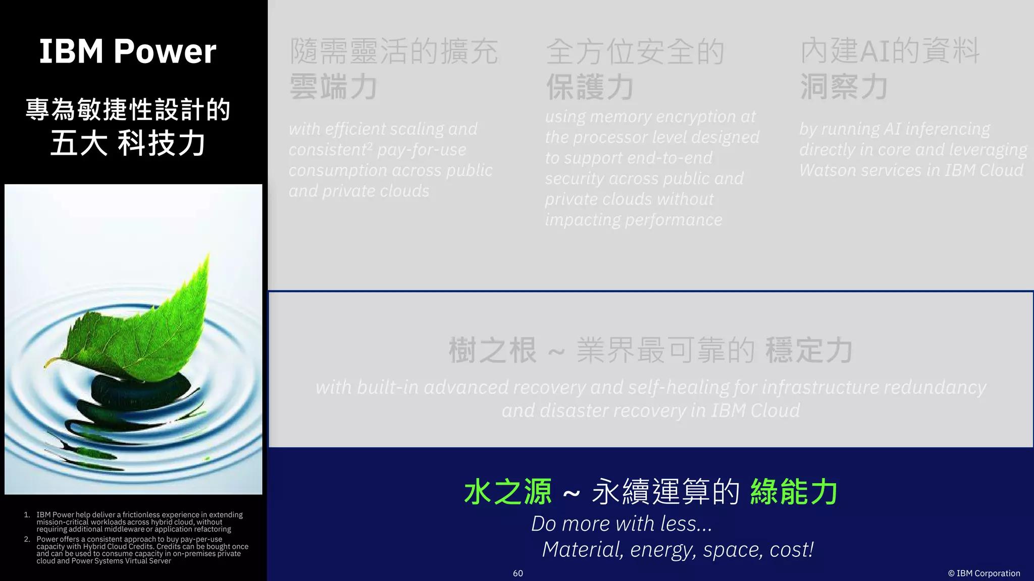 IBM Power
專為敏捷性設計的
五大 科技力
1. IBM Power help deliver a frictionless experience in extending
mission-critical workloadsacross hybrid cloud, without
requiring additional middleware or application refactoring
2. Power offers a consistent approach to buy pay-per-use
capacity with Hybrid Cloud Credits. Credits can be bought once
and can be used to consume capacity in on-premises private
cloud and Power Systems Virtual Server
水之源 ~ 永續運算的 綠能力
Do more with less… ____
Material, energy, space, cost!
樹之根 ~ 業界最可靠的 穩定力
with built-in advanced recovery and self-healing for infrastructure redundancy
and disaster recovery in IBM Cloud
隨需靈活的擴充
雲端力
with efficient scaling and
consistent2 pay-for-use
consumption across public
and private clouds
全方位安全的
保護力
using memory encryption at
the processor level designed
to support end-to-end
security across public and
private clouds without
impacting performance
內建AI的資料
洞察力
by running AI inferencing
directly in core and leveraging
Watson services in IBM Cloud
60 © IBM Corporation
 