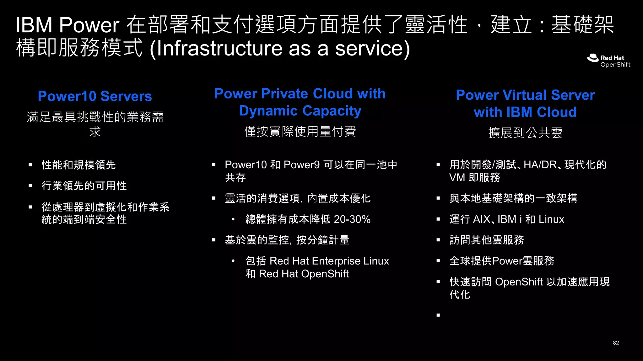  Power10 和 Power9 可以在同一池中
共存
 靈活的消費選項，內置成本優化
• 總體擁有成本降低 20-30%
 基於雲的監控，按分鐘計量
• 包括 Red Hat Enterprise Linux
和 Red Hat OpenShift
 性能和規模領先
 行業領先的可用性
 從處理器到虛擬化和作業系
統的端到端安全性
 用於開發/測試、HA/DR、現代化的
VM 即服務
 與本地基礎架構的一致架構
 運行 AIX、IBM i 和 Linux
 訪問其他雲服務
 全球提供Power雲服務
 快速訪問 OpenShift 以加速應用現
代化

82
Power10 Servers
滿足最具挑戰性的業務需
求
Power Private Cloud with
Dynamic Capacity
僅按實際使用量付費
Power Virtual Server
with IBM Cloud
擴展到公共雲
IBM Power 在部署和支付選項方面提供了靈活性，建立 : 基礎架
構即服務模式 (Infrastructure as a service)
 