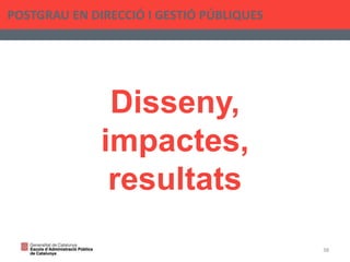 Disseny,
impactes,
resultats
POSTGRAU EN DIRECCIÓ I GESTIÓ PÚBLIQUES
38
 