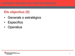 Els objectius (II)
• Generals o estratègics
• Específics
• Operatius
POSTGRAU EN DIRECCIÓ I GESTIÓ PÚBLIQUES
67
 