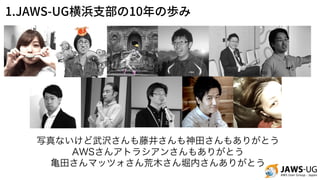 1.JAWS-UG 10
写真ないけど武沢さんも藤井さんも神田さんもありがとう
AWSさんアトラシアンさんもありがとう
亀田さんマッツォさん荒木さん堀内さんありがとう
 