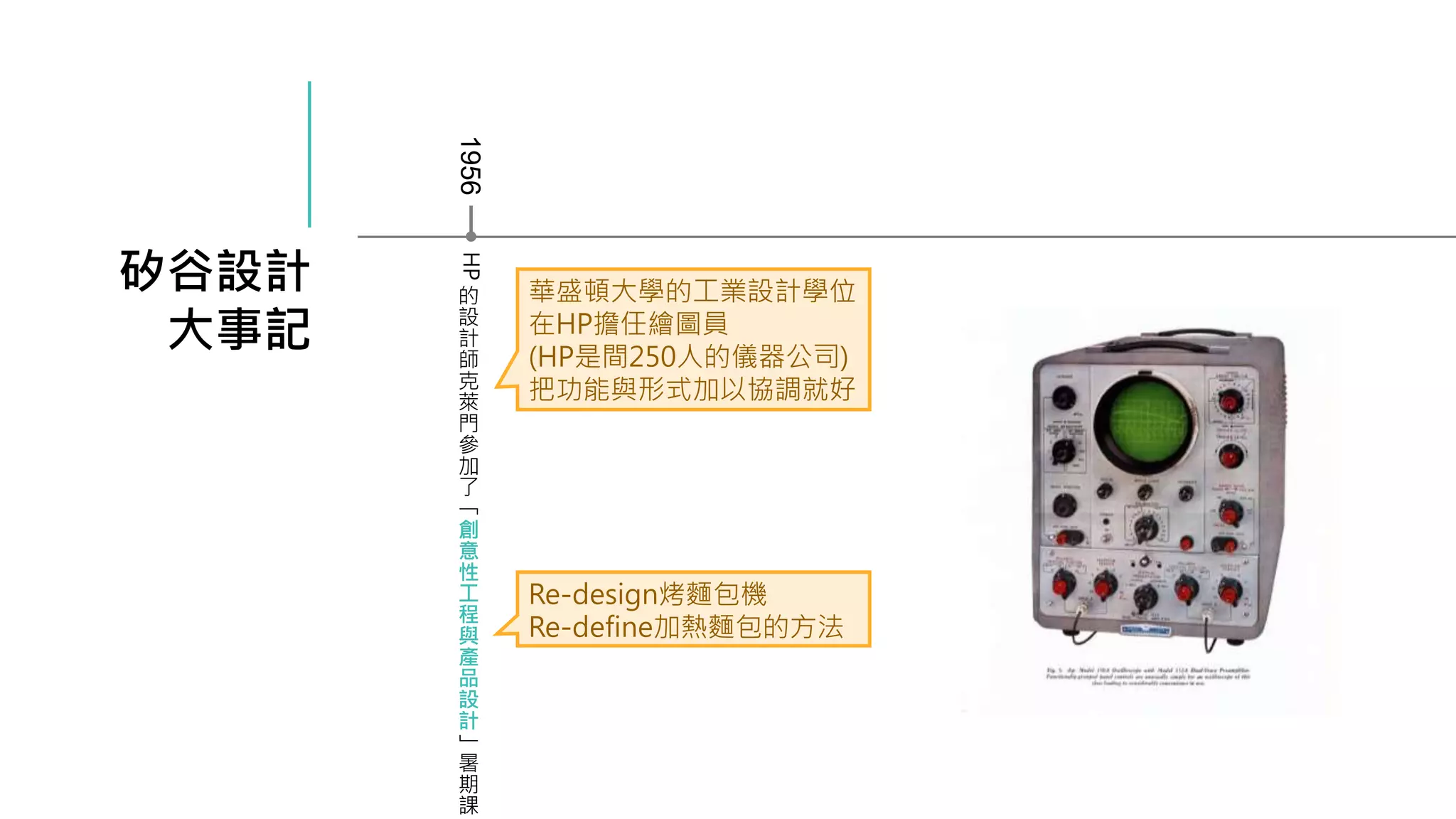 矽谷設計
大事記
1956
HP
的
設
計
師
克
萊
門
參
加
了
「
創
意
性
工
程
與
產
品
設
計
」
暑
期
課
華盛頓大學的工業設計學位
在HP擔任繪圖員
(HP是間250人的儀器公司)
把功能與形式加以協調就好
Re-design烤麵包機
Re-define加熱麵包的方法
 