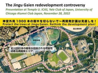 The Jingu Gaien redevelopment controversy
Presentation at Temple U. ICAS, Yale Club of Japan, University of
Chicago Alumni Club Japan, November 28, 2022
 