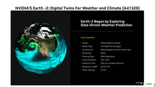 NVIDIA'S Earth -2: Digital Twins For Weather and Climate [A41326]
Earth-2 Began by Exploring
Data-Driven Weather Prediction
Scope Global, Medium Range
Model Type Full-Model AI Surrogate
Architecture AFNO (Adaptive Fourier Neural Op.)
Resolution: 25km
Training Data: ERA5 Reanalysis
Initial Condition GFS / UFS
Inference Time 0.25 sec (2-week forecast)
Speedup vs NWP O(104-105)
Power Savings O(104)
FourCastNet
 