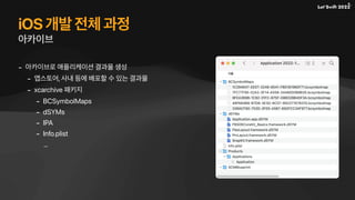 iOS 개발 전체 과정
- 아카이브로 애플리케이션 결과물 생성
- 앱스토어, 사내 등에 배포할 수 있는 결과물
- xcarchive 패키지
- BCSymbolMaps
- dSYMs
- IPA
- Info.plist
…
아카이브
 