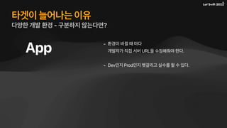 타겟이 늘어나는 이유
다양한 개발 환경 - 구분하지 않는다면?
App - 환경이 바뀔 때 마다
개발자가 직접 서버 URL을 수정해줘야 한다.
- Dev인지 Prod인지 헷갈리고 실수를 할 수 있다.
 