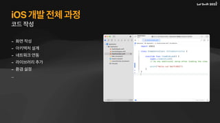 iOS 개발 전체 과정
- 화면 작성
- 아키텍처 설계
- 네트워크 연동
- 라이브러리 추가
- 환경 설정
…
코드 작성
 