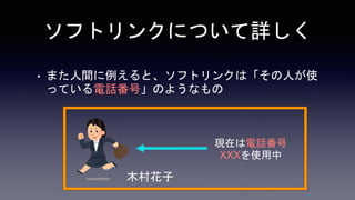 ソフトリンクについて詳しく
• また人間に例えると、ソフトリンクは「その人が使
っている電話番号」のようなもの
木村花子
現在は電話番号
XXXを使用中
 