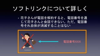 ソフトリンクについて詳しく
• 花子さんが電話を解約すると、電話番号を通
じて花子さんと会話できない。ただ、電話番
号それ自体が消滅することはない
電話番号XXX
 