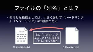 ファイルの「別名」とは？
• そうした機能としては、大きく分けて「ハードリンク
」「ソフトリンク」の2種類がある
C:¥test¥info.txt D:¥test¥xxx.txt
右の「ファイル」が
左のファイルに対する
「別名」として働く
 