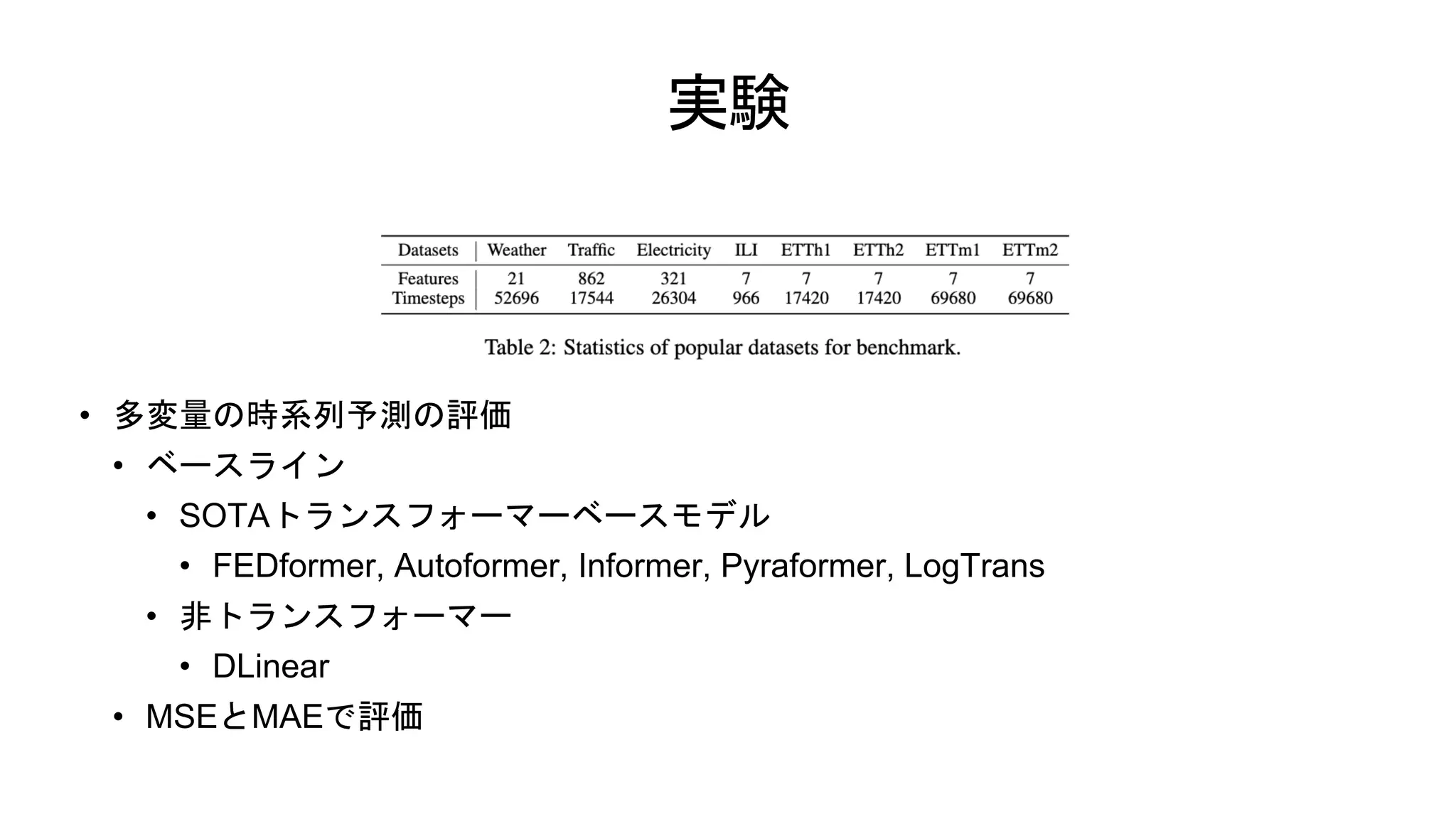 実験
• 多変量の時系列予測の評価
• ベースライン
• SOTAトランスフォーマーベースモデル
• FEDformer, Autoformer, Informer, Pyraformer, LogTrans
• 非トランスフォーマー
• DLinear
• MSEとMAEで評価
 