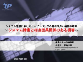 システム障害におけるユーザ・ベンダの責任分界と損害の範囲
～システム障害と相当因果関係のある損害～
牛島総合法律事務所
弁護士 影島広泰
hiroyasu.kageshima@ushijima-law.gr.jp
03-5511-3233
2022年12月 3日
 