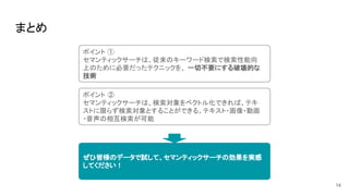 まとめ
14
ポイント ①
セマンティックサーチは、従来のキーワード検索で検索性能向
上のために必要だったテクニックを、 一切不要にする破壊的な
技術
ポイント ②
セマンティックサーチは、検索対象をベクトル化できれば、テキ
ストに限らず検索対象とすることができる。テキスト・画像・動画
・音声の相互検索が可能
ぜひ皆様のデータで試して、セマンティックサーチの効果を実感
してください！
 