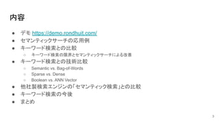 内容
● デモ https://demo.rondhuit.com/
● セマンティックサーチの応用例
● キーワード検索との比較
○ キーワード検索の限界とセマンティックサーチによる改善
● キーワード検索との技術比較
○ Semantic vs. Bag-of-Words
○ Sparse vs. Dense
○ Boolean vs. ANN Vector
● 他社製検索エンジンの「セマンティック検索」との比較
● キーワード検索の今後
● まとめ
3
 