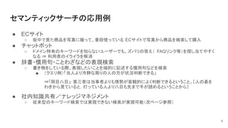 セマンティックサーチの応用例
● ECサイト
○ 街中で見た商品を写真に撮って、普段使っている ECサイトで写真から商品を検索して購入
● チャットボット
○ ドメイン特有のキーワードを知らないユーザーでも、ズバリの答え（ FAQリンク等）を探し当てやすく
なる ⇒ 利用者のイライラを解消
● 辞書・慣用句・ことわざなどの表現検索
○ 書き物をしている際、表現したいことを端的に記述する慣用句などを検索
■ （クエリ例）「当人より冷静な周りの人の方が状況判断できる」
⇒「岡目八目」：第三者は当事者よりも情勢が客観的によく判断できるということ。〔人の碁を
わきから見ていると，打っている人より八目も先まで手が読めるということから〕
● 社内知識共有／ナレッジマネジメント
○ 従来型のキーワード検索では実現できない検索が実現可能（次ページ参照）
4
 