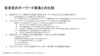 従来型のキーワード検索との比較
● 従来のキーワード検索では文書に含まれるキーワードを入力しないと検索できない
○ ある程度業務ドメインの知識がないと検索できない
○ ドメイン知識があっても、同じ意味を持つキーワードは複数存在するので、類義語辞書のメンテナンスが欠かせない
● セマンティックサーチでは必ずしもクエリのキーワードはヒットする必要がない
○ 業務ドメインの知識がなくても、調べたいことを自分なりの表現にすれば検索できる
■ （例）ECサイトで「机を組み立てるのに必要な工具」
■ （例）辞書・慣用句・ことわざを調べるのに、意味から調べられる
■ （例）法令・判例検索システムを法科大学院の学生や新人の判事・検事・弁護士の研修に用いる
○ コーパス収集時期とクエリ時期が離れていても検索できる
■ （例）古い文献を現代の表現で検索できる（かも）
● 従来のキーワード検索における検索性能 *1
を向上させるための施策
○ 文字等さまざまな正規化
○ 形態素解析と文字
N-gramの使い分けや組み合わせ
○ キーワードの表記揺れ対策やシノニム定義
○ フィールドの重み付け
○ クエリサジェスチョンetc.
● セマンティックサーチは上記従来テクニックを一切不要にする破壊的な技術
7
*1: 情報検索における精度（
Precision）と再現率（Recall）のことを指します。
 