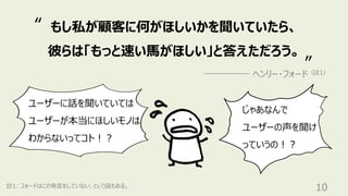 10
註1: フォードはこの発⾔をしていない、という説もある。
もし私が顧客に何がほしいかを聞いていたら、
彼らは「もっと速い⾺がほしい」と答えただろう。
ヘンリー・フォード（註1）
“
”
ユーザーに話を聞いていては
ユーザーが本当にほしいモノは
わからないってコト︕︖
じゃあなんで
ユーザーの声を聞け
っていうの︕︖
 