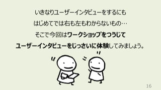 16
いきなりユーザーインタビューをするにも
はじめてでは右も左もわからないもの…
そこで今回はワークショップをつうじて
ユーザーインタビューをじっさいに体験してみましょう。
 
