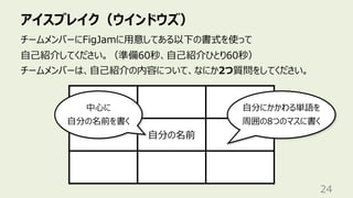 アイスブレイク（ウインドウズ）
24
チームメンバーにFigJamに⽤意してある以下の書式を使って
⾃⼰紹介してください。（準備60秒、⾃⼰紹介ひとり60秒）
チームメンバーは、⾃⼰紹介の内容について、なにか2つ質問をしてください。
⾃分の名前
⾃分にかかわる単語を
周囲の8つのマスに書く
中⼼に
⾃分の名前を書く
 