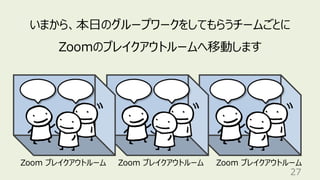 27
いまから、本⽇のグループワークをしてもらうチームごとに
Zoomのブレイクアウトルームへ移動します
Zoom ブレイクアウトルーム Zoom ブレイクアウトルーム Zoom ブレイクアウトルーム
 