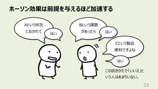 ホーソン効果は前提を与えるほど加速する
33
Aという状況
におかれて
はい
Bという課題
があったら はい
Cという製品
便利ですよね
はい
この訊きかたで「いいえ」と
いう⼈はあまりいない。
 