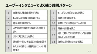 ユーザーインタビューでよく使う質問パターン
44
1 直接的に理由を掘り下げる
2 あいまいな⾔葉を明確にする
3 時系列を確認する
4
ほかの選択肢をとらなかった理由を
訊く
5 ほかに考えたことを訊く
6 話を具体的にする/話の続きを促す
7
あえてあり得ない選択肢について質
問する
8 それがないとどうなるのか訊く
9 ⾔語化を強制する
10 ⽭盾している箇所について訊く
11 具体的な量を訊く
12
何と⽐較しているのか訊く／何を期
待していたのか訊く
13 ⾃⾝はどう思ったのかを訊く
 