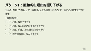 パターン1︓直接的に理由を掘り下げる
45
1回の「なぜ」で満⾜せず、背景をどんどん掘り下げることで、深い⼼理にたどりつけ
ます。
【質問の例】
• 「〜とは、なぜですか」
• 「〜とは、なんのためにするのですか」
• 「〜とは、どうしてそう思ったのですか」
• 「〜のきっかけは、なんですか」
 