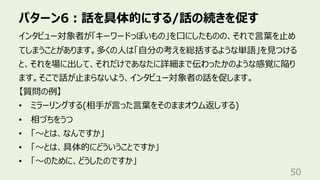 パターン6︓話を具体的にする/話の続きを促す
50
インタビュー対象者が「キーワードっぽいもの」を⼝にしたものの、それで⾔葉を⽌め
てしまうことがあります。多くの⼈は「⾃分の考えを総括するような単語」を⾒つける
と、それを場に出して、それだけであなたに詳細まで伝わったかのような感覚に陥り
ます。そこで話が⽌まらないよう、インタビュー対象者の話を促します。
【質問の例】
• ミラーリングする(相⼿が⾔った⾔葉をそのままオウム返しする)
• 相づちをうつ
• 「〜とは、なんですか」
• 「〜とは、具体的にどういうことですか」
• 「〜のために、どうしたのですか」
 