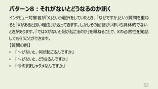 パターン8︓それがないとどうなるのか訊く
52
インタビュー対象者が「X」という選択をしていたとき、「なぜですか」という質問を重ね
ると「Xがあると良い理由」が返ってきます。しかしその回答がいまいち具体的でない
ときがあります。「ではXがないと何が起こるのか」を尋ねることで、Xの必然性を発話
してもらうことができます。
【質問の例】
• 「〜がないと、何が起こるんですか」
• 「〜がないと、どうなるんですか」
• 「今のままじゃダメなんですか」
 
