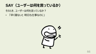 SAY（ユーザーは何を⾔っているか）
66
そのとき、ユーザーは何を⾔っているか︖
• 「早く寝ないと 明⽇も仕事なのに」
 