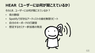 HEAR（ユーザーには何が聞こえているか）
68
そのとき、ユーザーには何が聞こえているか︖
• 夜の静寂
• Spotifyで好きなアーティストの曲を無限リピート
• ⾃分のキーボードの打鍵⾳
• 想定するセミナー参加者の発⾔
 