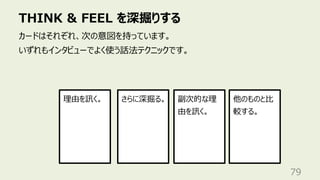 THINK & FEEL を深掘りする
79
カードはそれぞれ、次の意図を持っています。
いずれもインタビューでよく使う話法テクニックです。
理由を訊く。 さらに深掘る。 他のものと⽐
較する。
副次的な理
由を訊く。
 