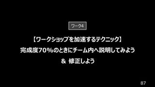 87
【ワークショップを加速するテクニック】
完成度70%のときにチーム内へ説明してみよう
＆ 修正しよう
ワーク4
 