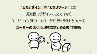 9
“UXデザイン” や “UXリサーチ” とは
⾒た⽬のデザインのことではなく
ユーザーインタビューやユーザビリティテストをつかって
ユーザーの深い⼼理を突きとめる専⾨技術
 