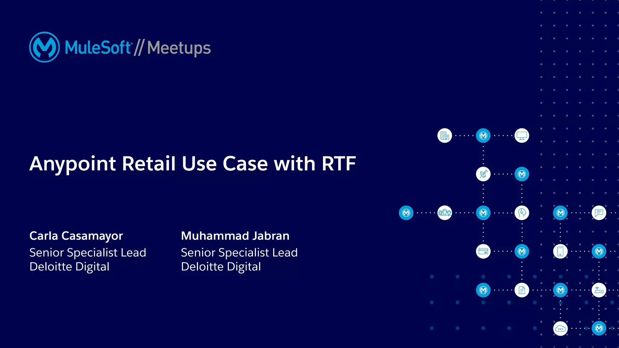 All contents © MuleSoft, LLC
Anypoint Retail Use Case with RTF
Carla Casamayor
Senior Specialist Lead
Deloitte Digital
Muhammad Jabran
Senior Specialist Lead
Deloitte Digital
 
