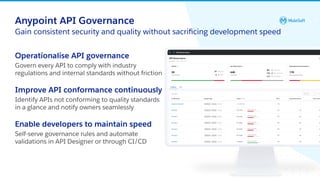 All contents © MuleSoft, LLC
Operationalise API governance
Govern every API to comply with industry
regulations and internal standards without friction
Improve API conformance continuously
Identify APIs not conforming to quality standards
in a glance and notify owners seamlessly
Enable developers to maintain speed
Self-serve governance rules and automate
validations in API Designer or through CI/CD
28
Anypoint API Governance
Gain consistent security and quality without sacriﬁcing development speed
 